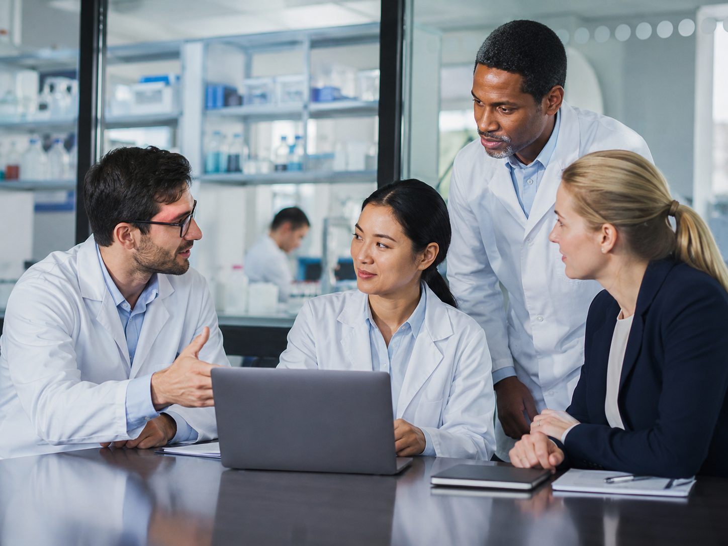 Team discussion in pharma workplace